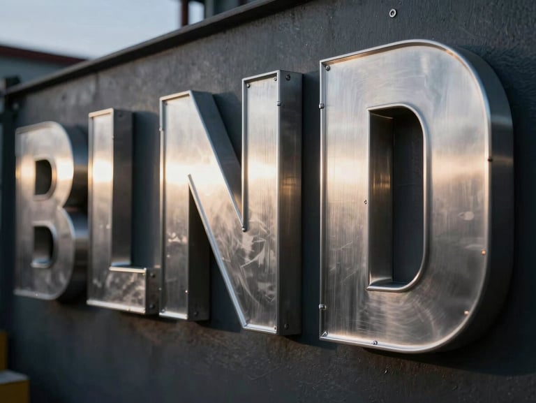 Close-up of premium stainless steel channel letters with sharp welds, illuminated from behind with soft LED glow, industrial workshop setting.