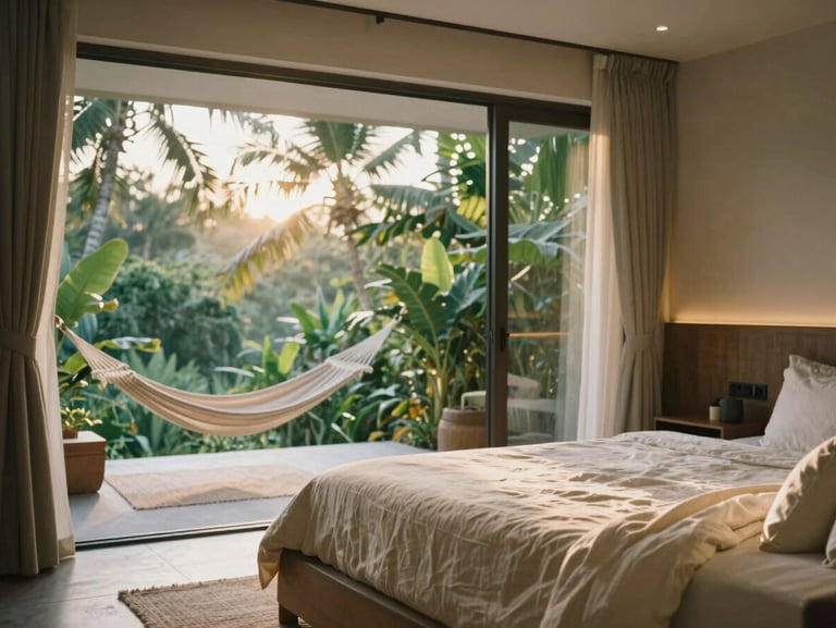Lush modern studio apartment interior, queen bed with linen sheets, private terrace with hammock visible through glass doors, soft tropical morning light