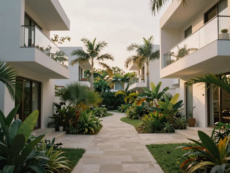 Modern minimalist tropical residential complex, clean architectural lines, private terraces, shared pathways winding through lush botanical gardens