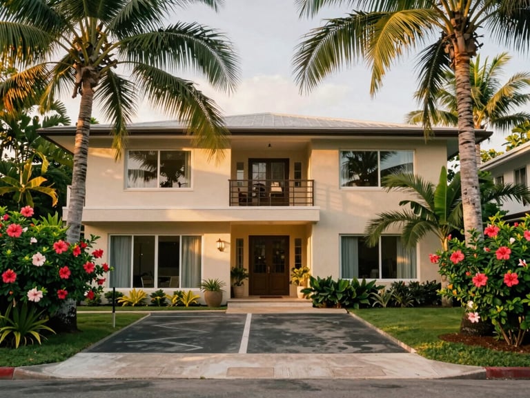 Architectural exterior of a modern two-story Caribbean house, private parking space, gated entrance, surrounded by towering palm trees and vibrant hibiscus