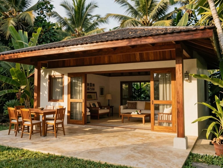 Spacious two-bedroom tropical casita, open-plan living room with high ceilings, teak wood finishes, outdoor dining area on a private veranda