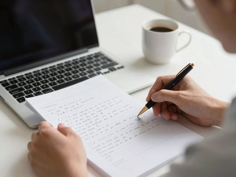 Single person seated at a desk reviewing handwritten notes beside an open laptop, north-facing daylight, coffee cup nearby, close crop emphasising hands and paper, no faces fully visible, quiet concentration