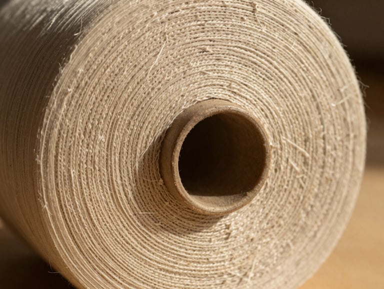Macro close-up focusing on the rich texture and weave of high-quality cotton textile roll in warm natural light.