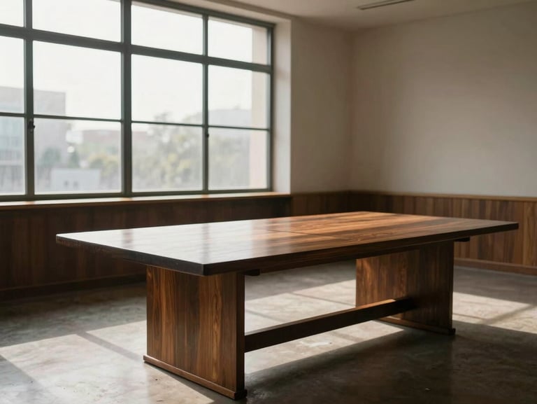 Sala de reunião vazia com mesa de madeira escura, luz lateral natural fria vindo de grande janela de vidro, foco nas linhas limpas e sombras marcadas.