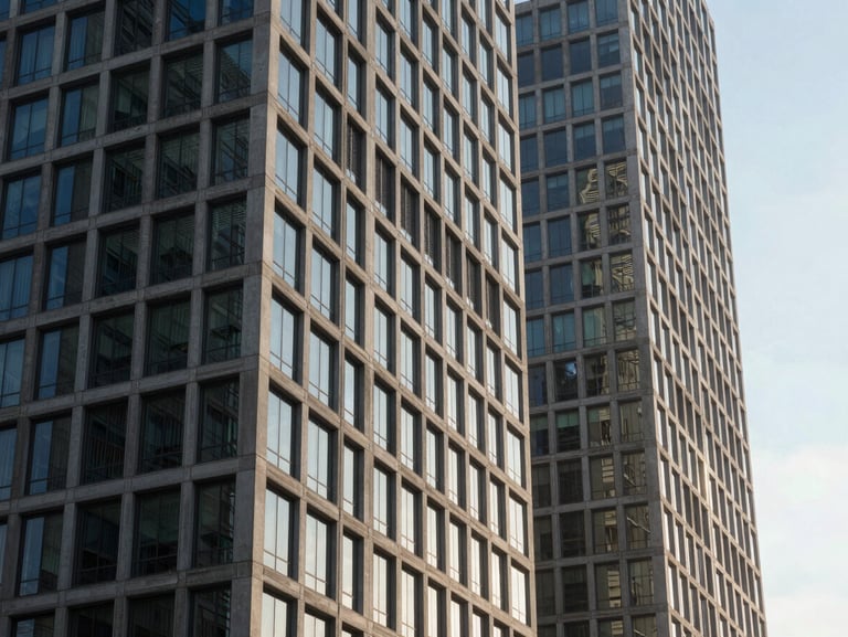 Planos detalhe arquitetônicos de edifícios corporativos modernos em concreto e vidro, luz natural fria, sombras geométricas marcadas.