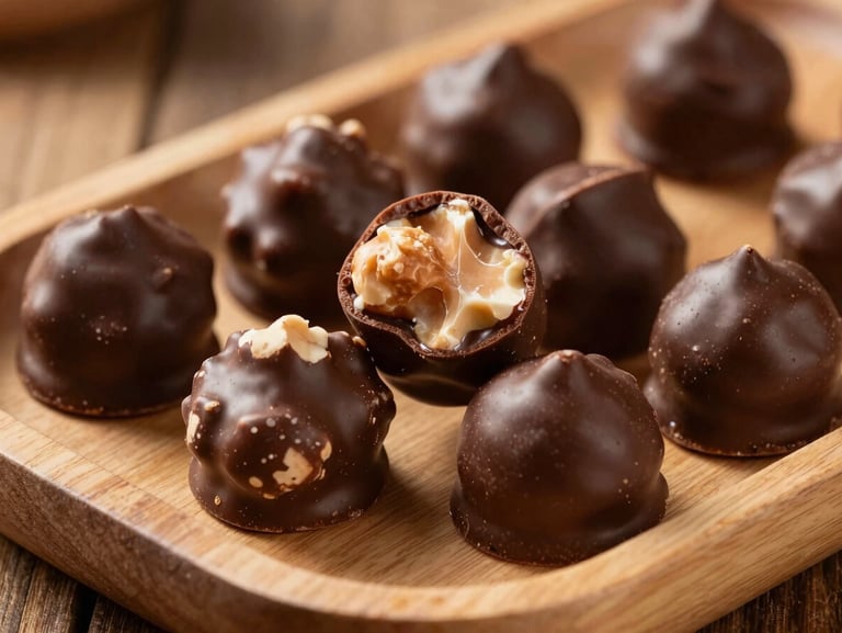 Close-up macro of chocolate-covered nuts and confections on a natural wood tray, warm directional light creating rich chocolate sheen and texture detail