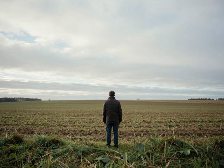 Wide landscape photograph of a landowner standing at the edge of a large open field on an overcast morning, back to camera, looking across the land, muted greens and earth tones, no marketing feel, documentary framing with generous sky above