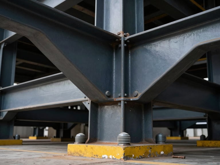 Close-up macro shot of heavy structural steel joints and massive bolts on an industrial building foundation