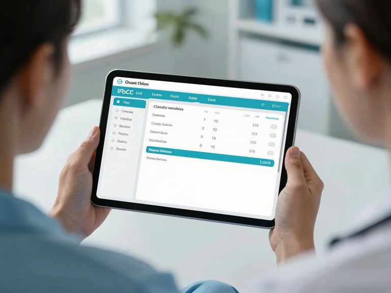 Over-the-shoulder view of a clinician using a tablet displaying a highly structured, clean clinical dashboard interface in a bright, modern clinic with cool daylight.