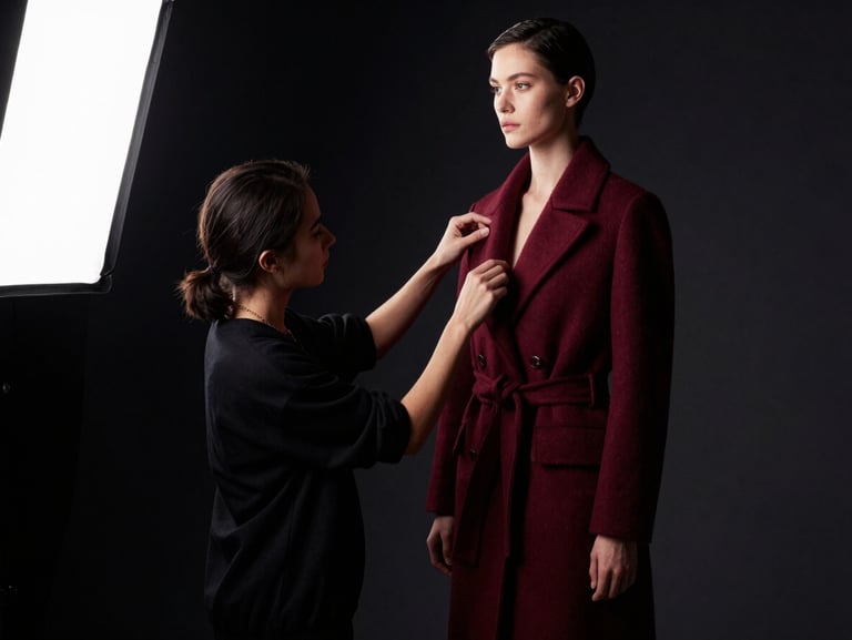 Editorial portrait of a fashion stylist adjusting a structured burgundy coat on a model, dramatic chiaroscuro shadows, high-contrast studio strobes, rich tones, 35mm.
