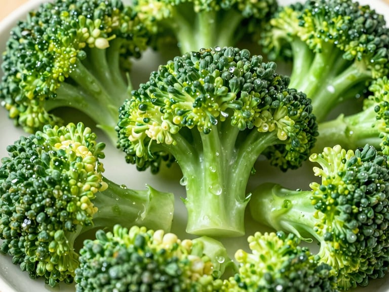 Crisp organic green vegetables, vibrant broccoli florets and wet kale leaves glistening with water droplets under bright natural light