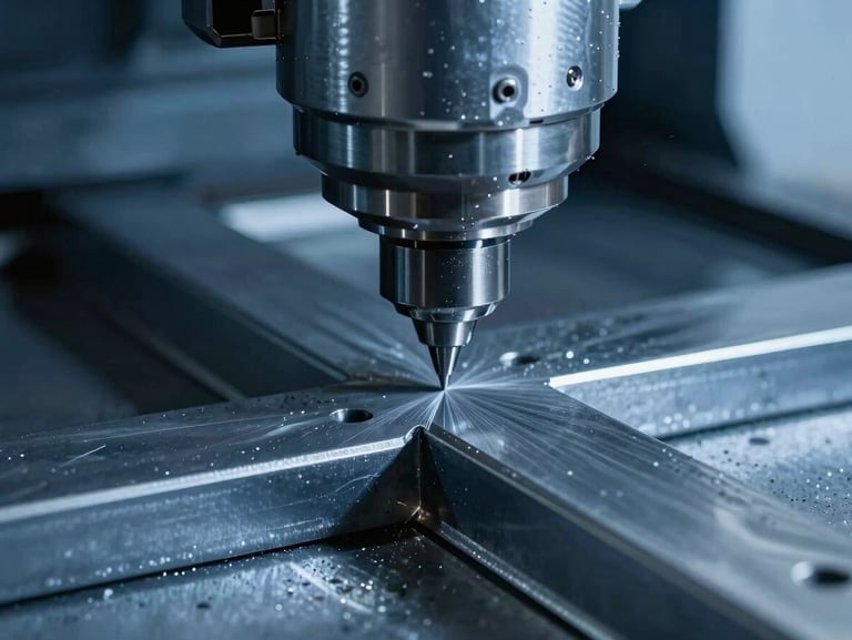 Close-up of a high-precision CNC milling head cutting structural steel, cool metallic blue tones, sharp focus on the tool path.