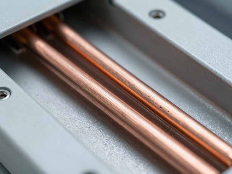 Macro close-up of custom CNC-machined copper busbars inside a clean-room power distribution cabinet, cool-toned lighting