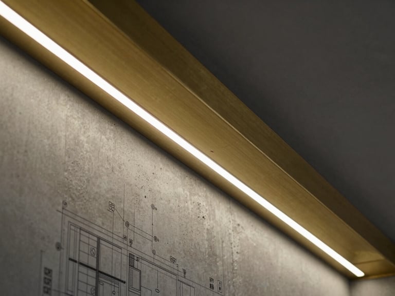 An orthogonal close-up of a brushed brass ceiling channel meeting a concrete wall, with recessed linear LED lighting perfectly aligned, architectural blueprint style, dramatic side lighting.