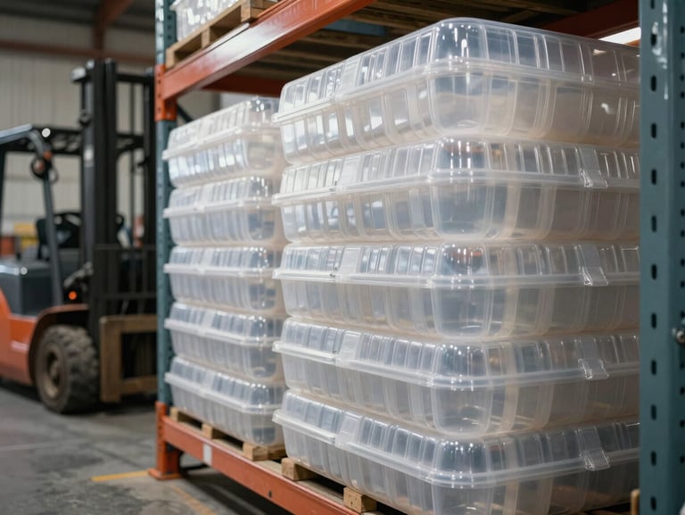 Close-up of stacked industrial plastic packaging containers on metal warehouse shelving, overhead fluorescent light picking out the texture of the ribbed polyethylene surface, a forklift partially visible in the background, concrete floor beneath