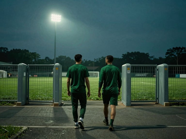 Two supporters walking towards stadium gates at dusk, wearing matching dark green apparel, cinematic atmosphere.