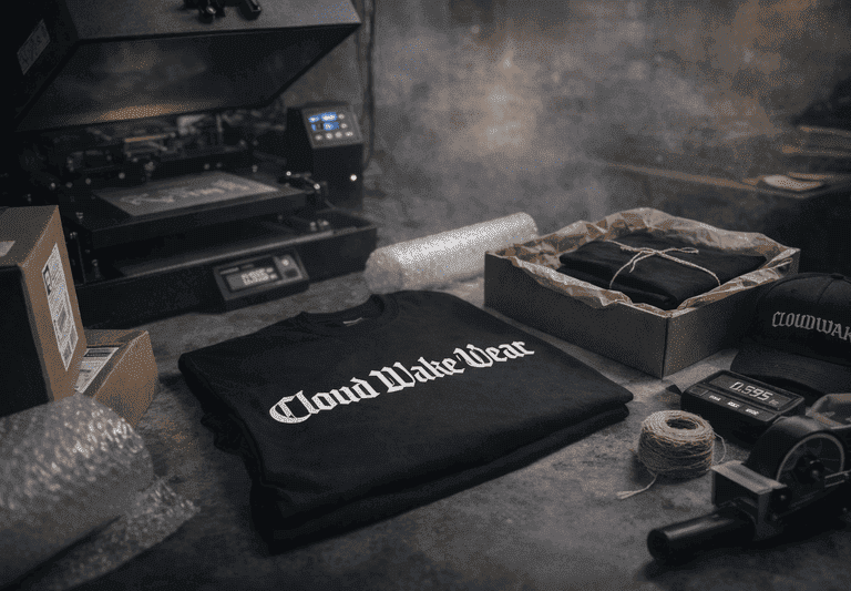 Playera de la marca Cloud Wake Wear con materiales para su estapado y preparacion de envio