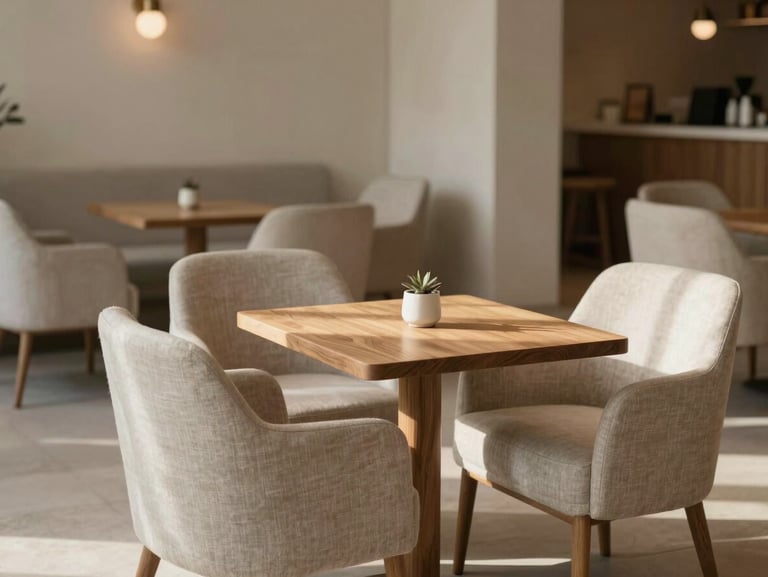 Warm minimalist hotel lobby lounge with soft morning daylight, neutral linen chairs, oak wood tables, 35mm photography
