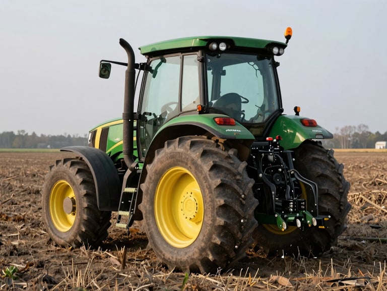 A 2022 John Deere 7R 230 tractor on an Ontario field, natural morning light highlighting the heavy-duty rear hitch and dual rear tires