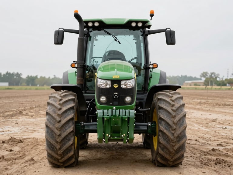 Front view of a 2020 John Deere 8245R tractor on a clean dry lot, natural overcast light, focus on the heavy front axle and tires