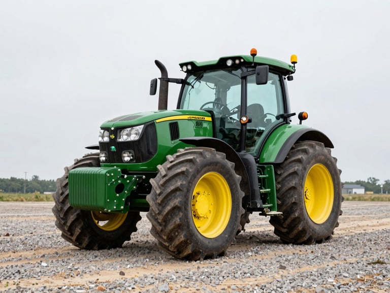 Low-angle wide shot of a 2024 John Deere 8R 280 tractor parked on a gravel lot under overcast daylight, sharp focus on front weights and tread