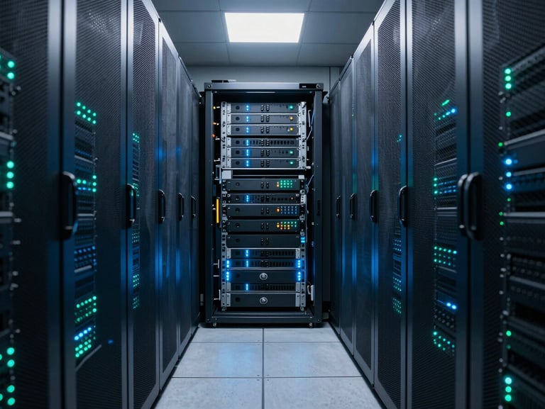Symmetrical architectural perspective of a modern server room, cool blue and cyber-jade indicator lights, clean metallic lines, low-key technical atmosphere.