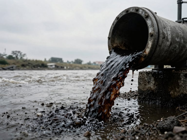 Gritty, desaturated close-up of dark industrial wastewater pouring from a concrete pipe into a muddy river, overcast sky, high contrast.