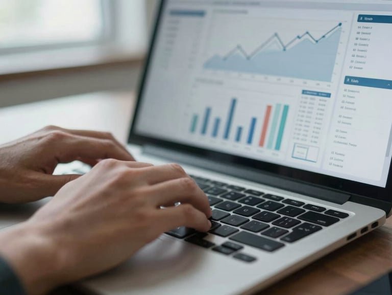 Extreme close-up of hands on a laptop keyboard, analytics dashboard visible on screen with line graphs and KPI tiles, cool north-facing office daylight from the left, shallow depth of field on the hands, dark desk surface visible at the edges