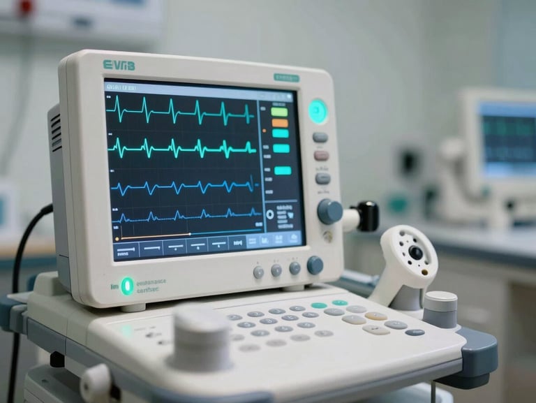 Close-up of a modern digital electrocardiogram monitor in a clean, cool-toned clinical environment, sharp cyan status light blinking, professional medical workspace.