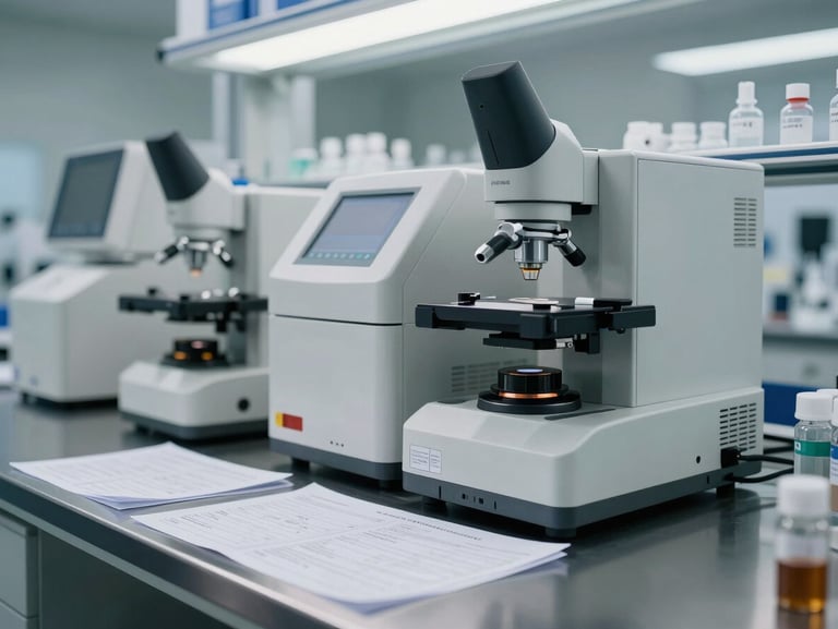 Pharmaceutical quality control laboratory, close-up of analytical instruments and labeled sample vials on a stainless steel bench, printed batch documentation beside equipment, bright overhead laboratory lighting, no personnel