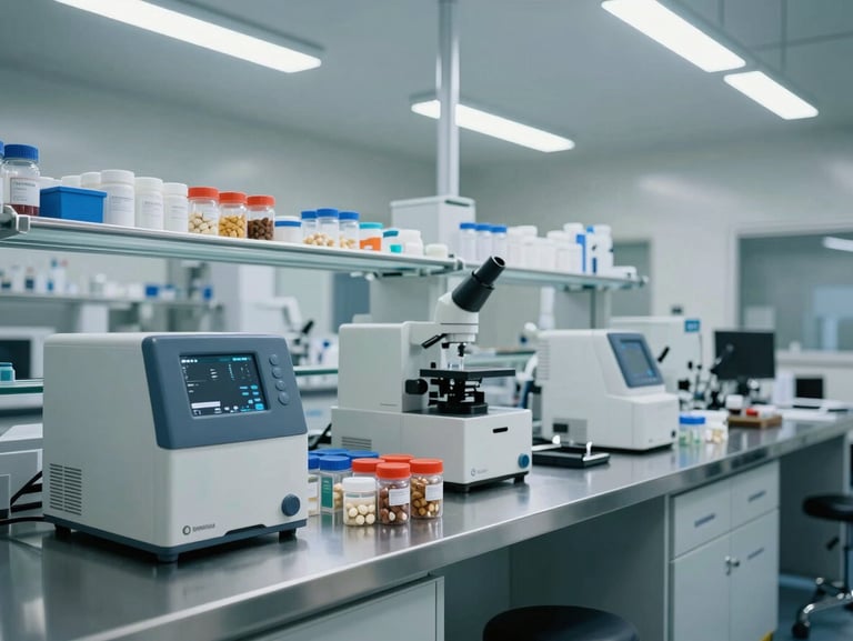 Wide shot of a nutraceutical quality testing laboratory — a stainless steel workbench with analytical instruments, labeled sample containers in a controlled-lighting clean room, bright overhead fluorescent light, no people, polished surfaces