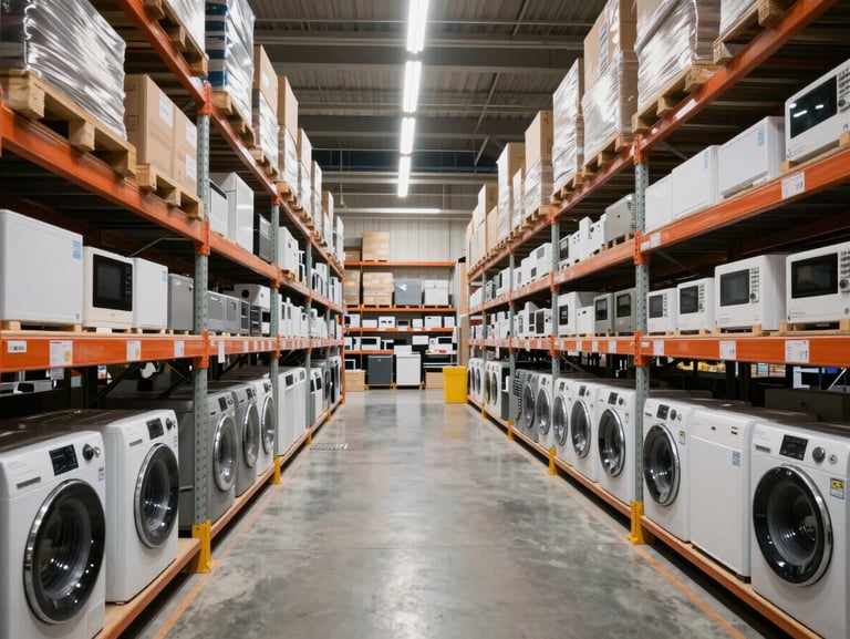 Wide shot of an organized warehouse aisle with electrical appliances on metal shelving, bright overhead fluorescent lighting, product boxes with visible labels and model numbers, clean concrete floor