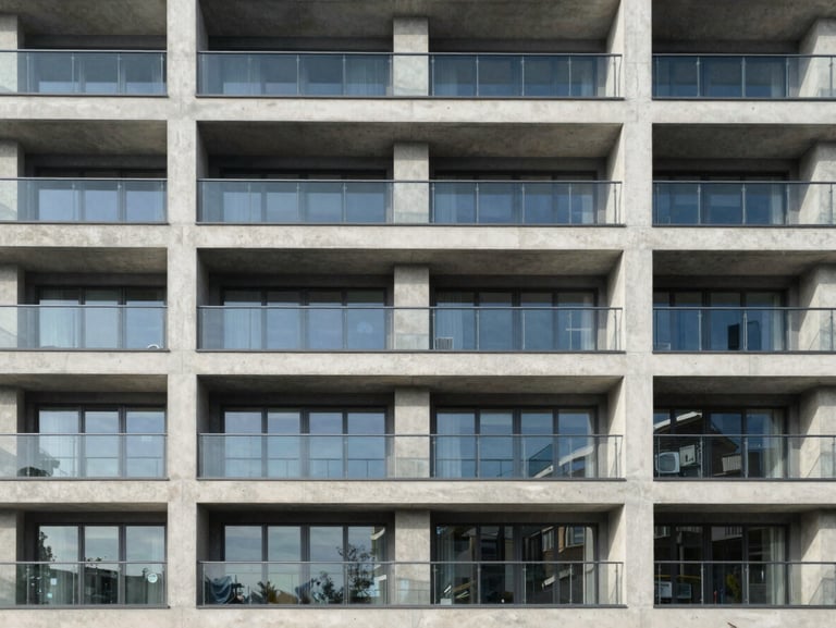 Straight-on architectural shot of a modern multi-family residential building exterior, sharp concrete lines, clean glass balconies under bright diffused morning light.