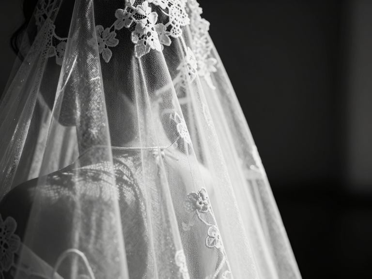 Extreme close-up of a bride's lace veil catching sharp sunlight against a dark shadow background, high-contrast monochrome texture, intimate unposed detail.