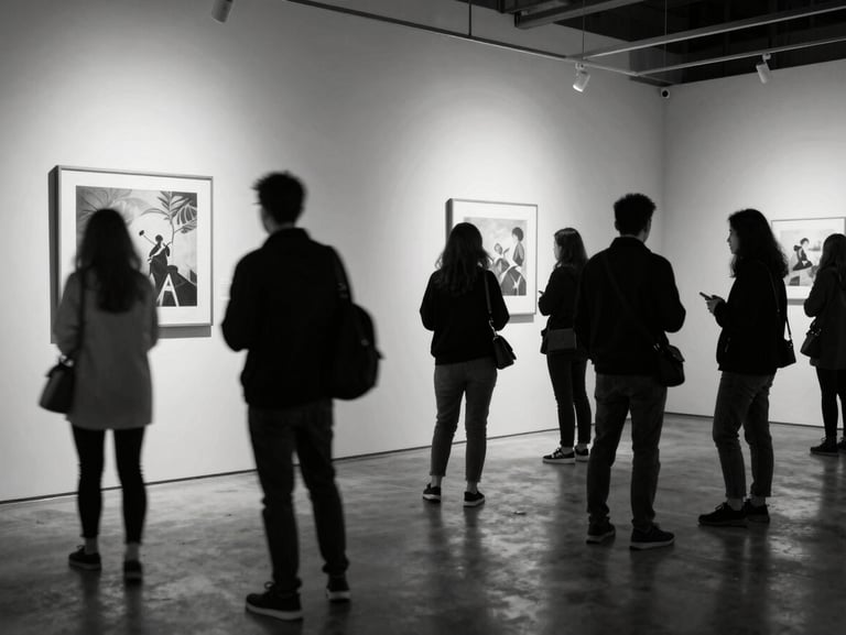 Wide environmental shot of a high-end gallery event, guests in candid motion with subtle motion blur, dramatic key lighting, deep shadows, monochrome.