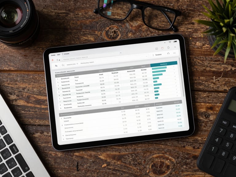 Overhead flat-lay of an organized workspace with a clean financial dashboard displayed on a tablet, showing tax filing timelines and compliance metrics.