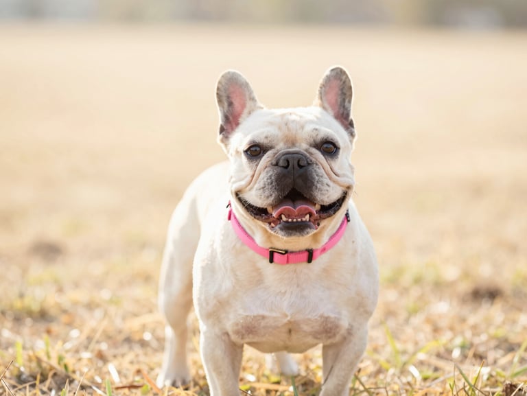 Joyful French Bulldog expressing pure happiness in a sunny open field, warm daylight, pink collar, cream-toned background
