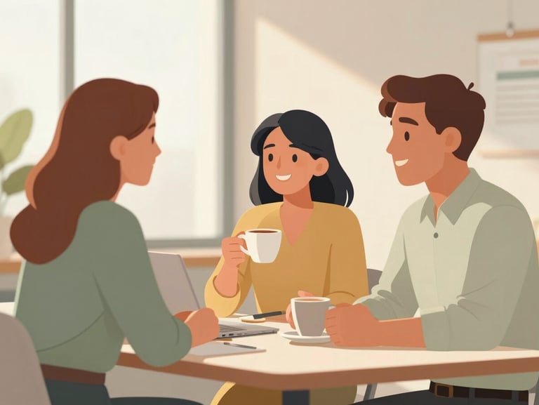 Elegant vector illustration of three colleagues in a modern, sunlit office talking warmly over coffee, soft yellow and sage green tones, rounded lines, supportive atmosphere.