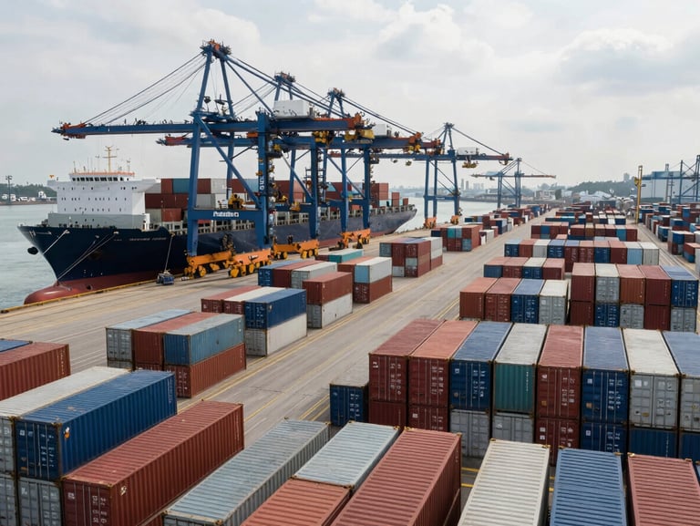 Wide shot of a major container port at midday, rows of stacked shipping containers extending to the horizon, a massive cargo vessel docked at the left third, industrial cranes overhead, flat overcast light revealing operational scale