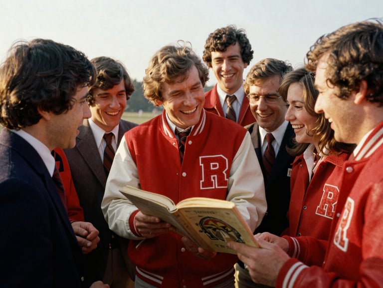 A group of Heyworth High School alumni from the 1970s laughing together around a vintage yearbook, warm golden hour light, red letterman jacket visible, 35mm film grain.