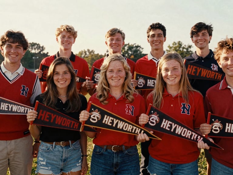 Candid shot of younger Heyworth alumni from the 2010s smiling at an outdoor reunion, holding school pennants, warm afternoon sun, red and black school colors, rich nostalgic tones.