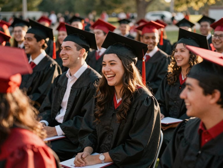 Candid photo of alumni from the 2010s laughing at an outdoor reunion event, natural golden hour light, red accents