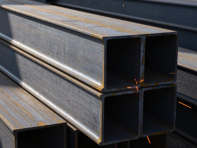 Thick structural steel beams stacked in a fabrication yard, daylight reflecting off metallic edges.