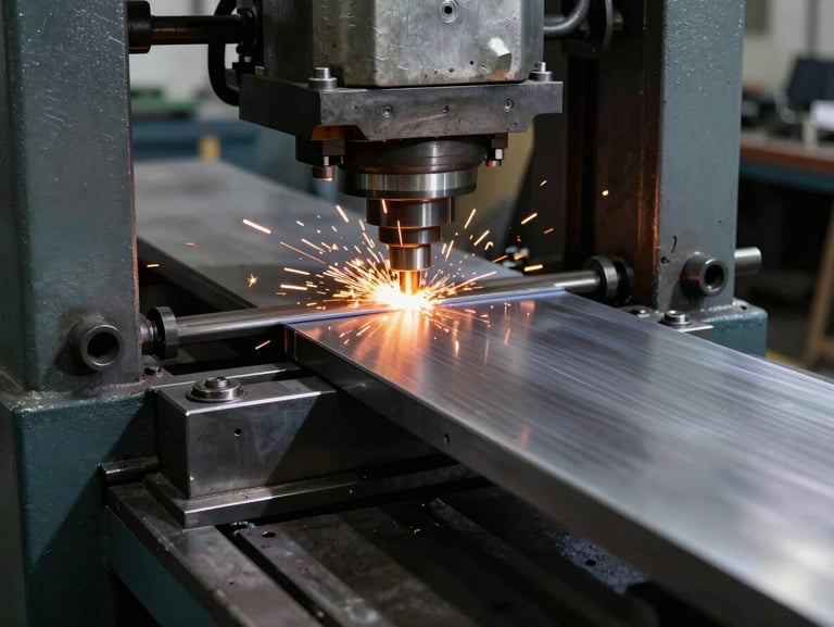 Hydraulic press brake bending a clean sheet of metal, showing precise industrial machinery angles.