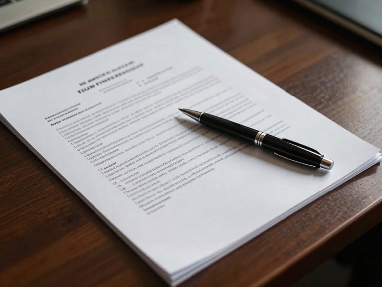 Overhead close-up of a large format contract document spread open on a polished desk, a pen resting diagonally across the page, controlled studio lighting casting clean shadows, no people visible, Kuwait regulatory document aesthetic