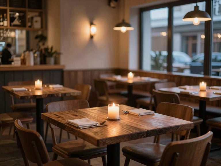 Cozy Scandinavian-style restaurant interior at dusk, warm candle light on rustic wooden tables, soft shadows, inviting dining room atmosphere.