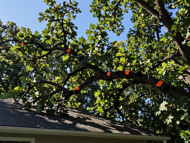 Wide shot of a massive, decaying oak branch hanging dangerously close to a residential roof, dark shadows, high risk environment