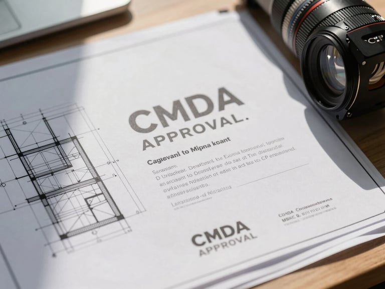 Close-up of structural blueprint and CMDA approval certificate on an engineer's desk, sharp daylight, high contrast, technical focus.