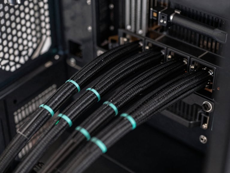 Close-up of clean cable management inside a modern gaming PC, neat black sleeved cables, subtle cyan accent light