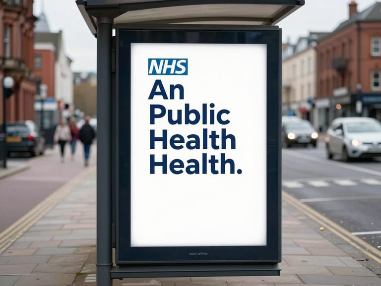 An NHS public health poster on a bus shelter in Manchester, clean bold typography, diffused natural daylight.